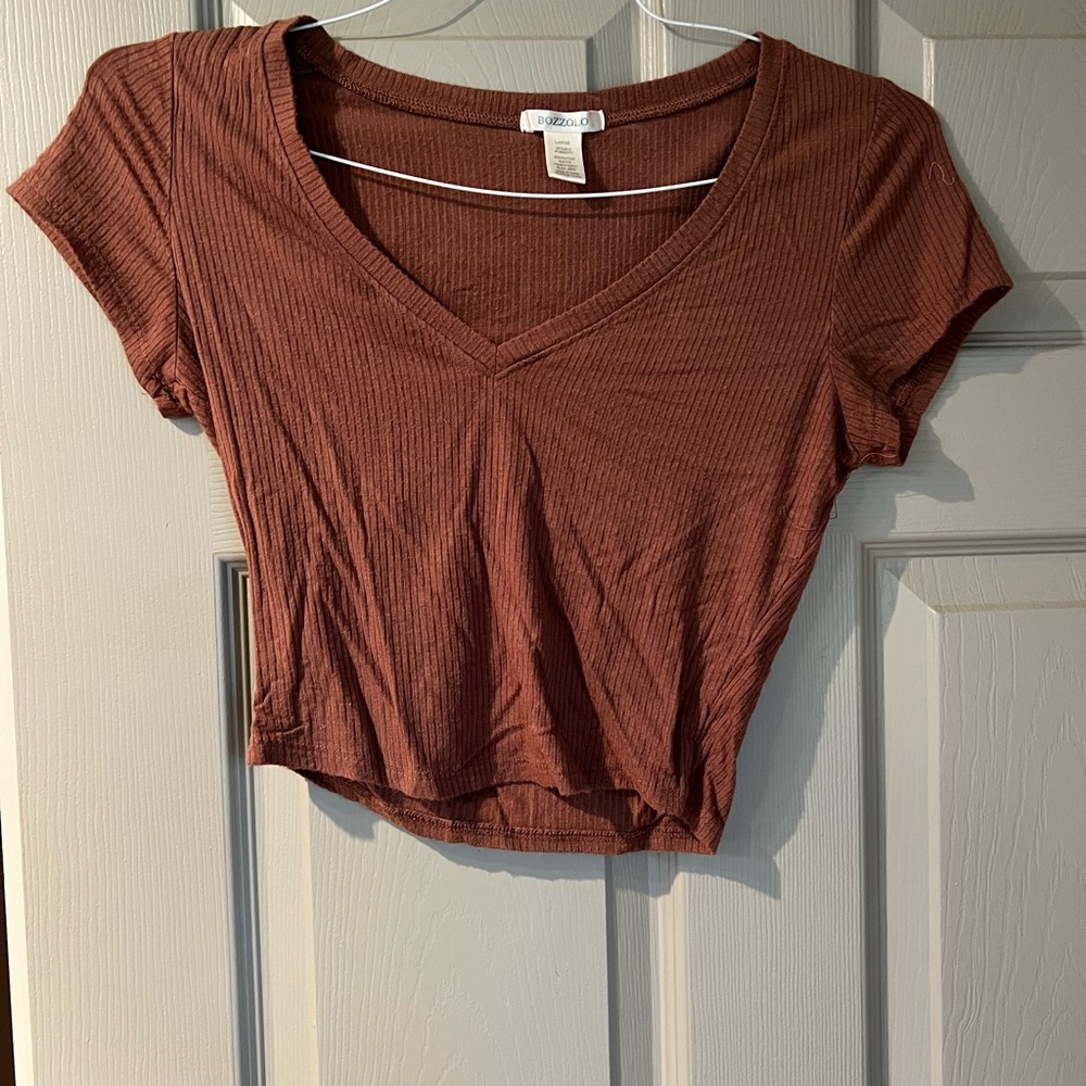 Brown V-Neck Ribbed Crop Top